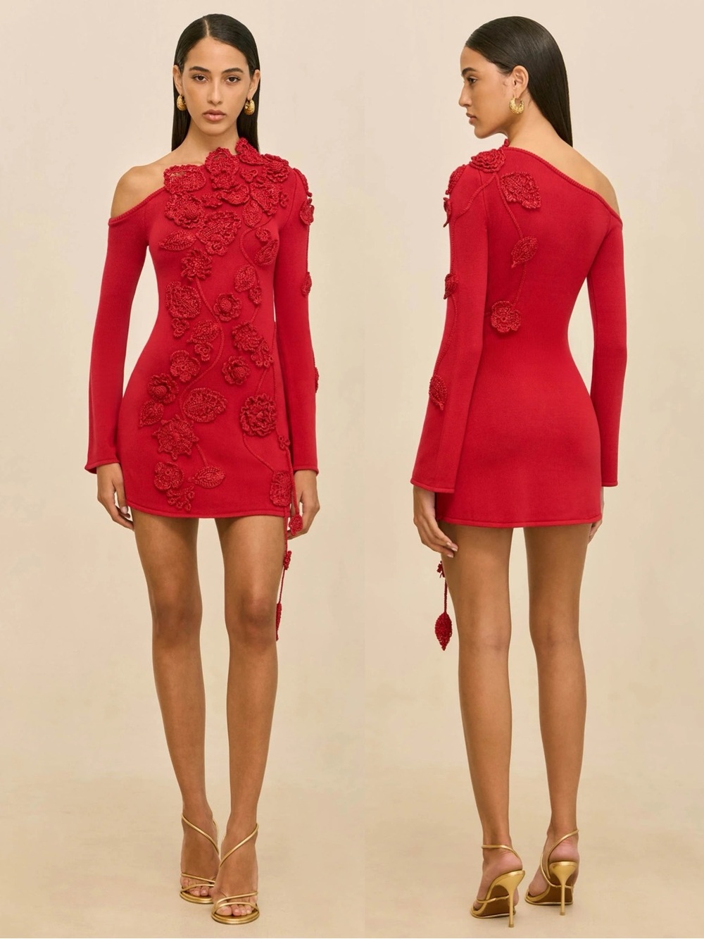 Cult Gaia Kaela Knit Hand Crocheted Floral Appliquéd Mini Dress Red NEW with tag